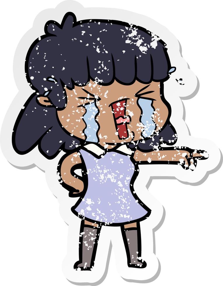 distressed sticker of a cartoon woman crying vector