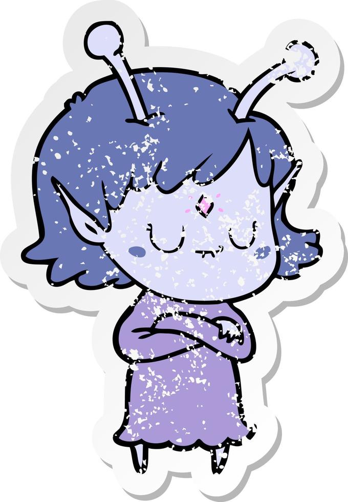 distressed sticker of a cartoon alien girl vector