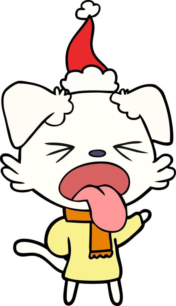 line drawing of a dog wearing scarf and pullover wearing santa hat vector