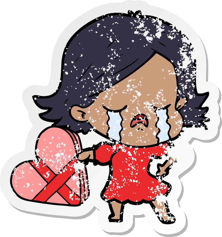 pegatina angustiada de una niña de dibujos animados llorando por San Valentín vector