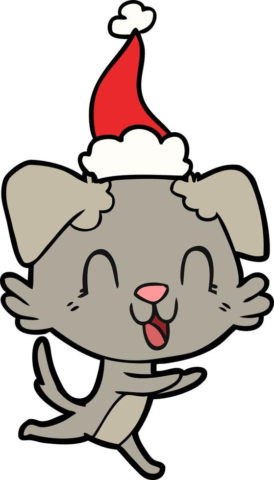 laughing line drawing of a dog wearing santa hat vector