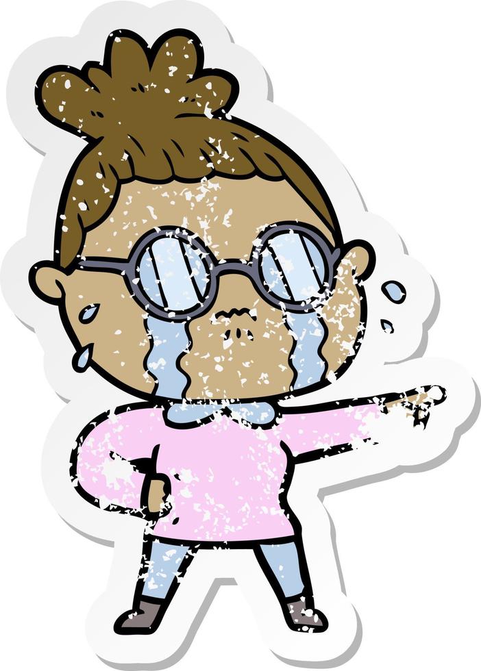 distressed sticker of a cartoon crying woman wearing spectacles vector