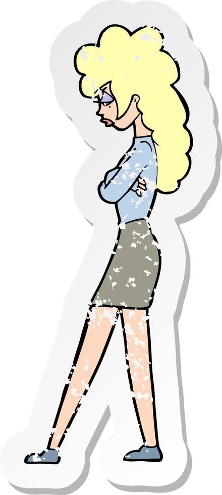 retro distressed sticker of a cartoon annoyed woman vector