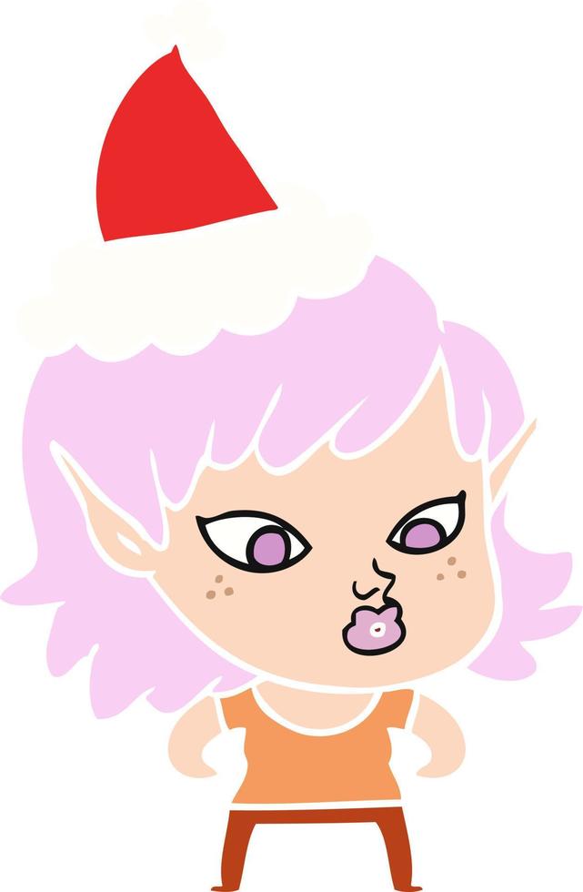 bonita ilustración en color plano de una niña elfa con gorro de Papá Noel vector