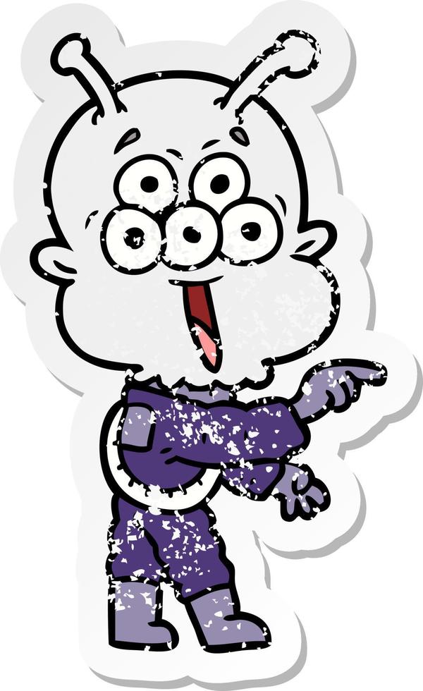 distressed sticker of a happy cartoon alien vector