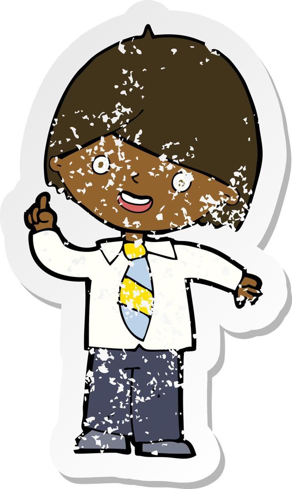 retro distressed sticker of a cartoon school boy answering question vector