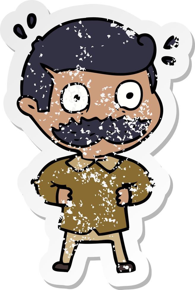 distressed sticker of a cartoon man with mustache shocked vector