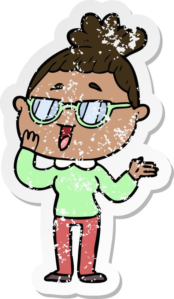 distressed sticker of a cartoon happy woman wearing spectacles vector