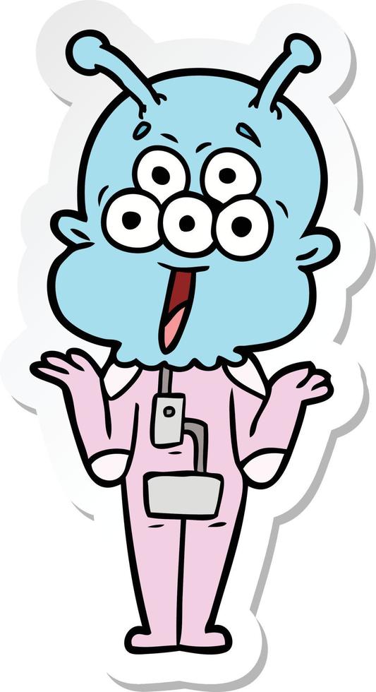 sticker of a happy cartoon alien shrugging shoulders vector