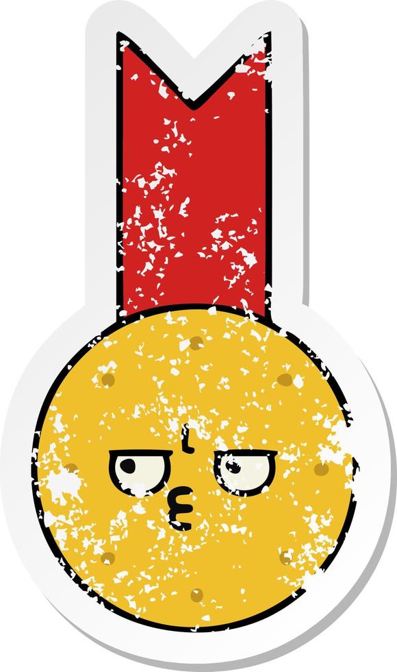 distressed sticker of a cute cartoon gold medal vector