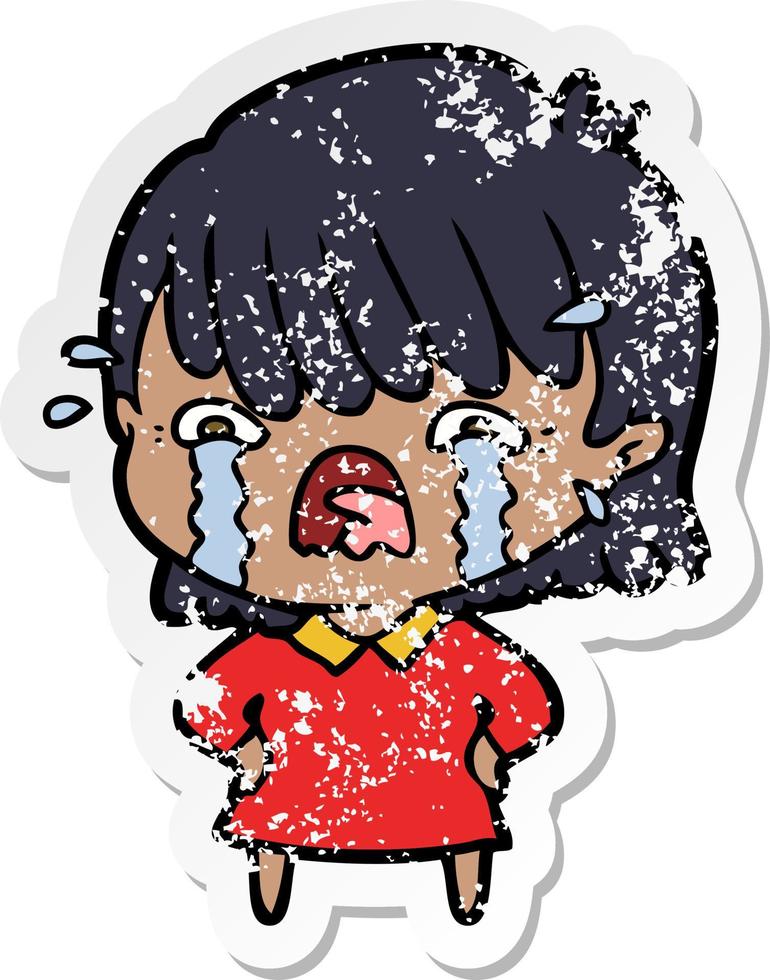 distressed sticker of a cartoon girl crying vector