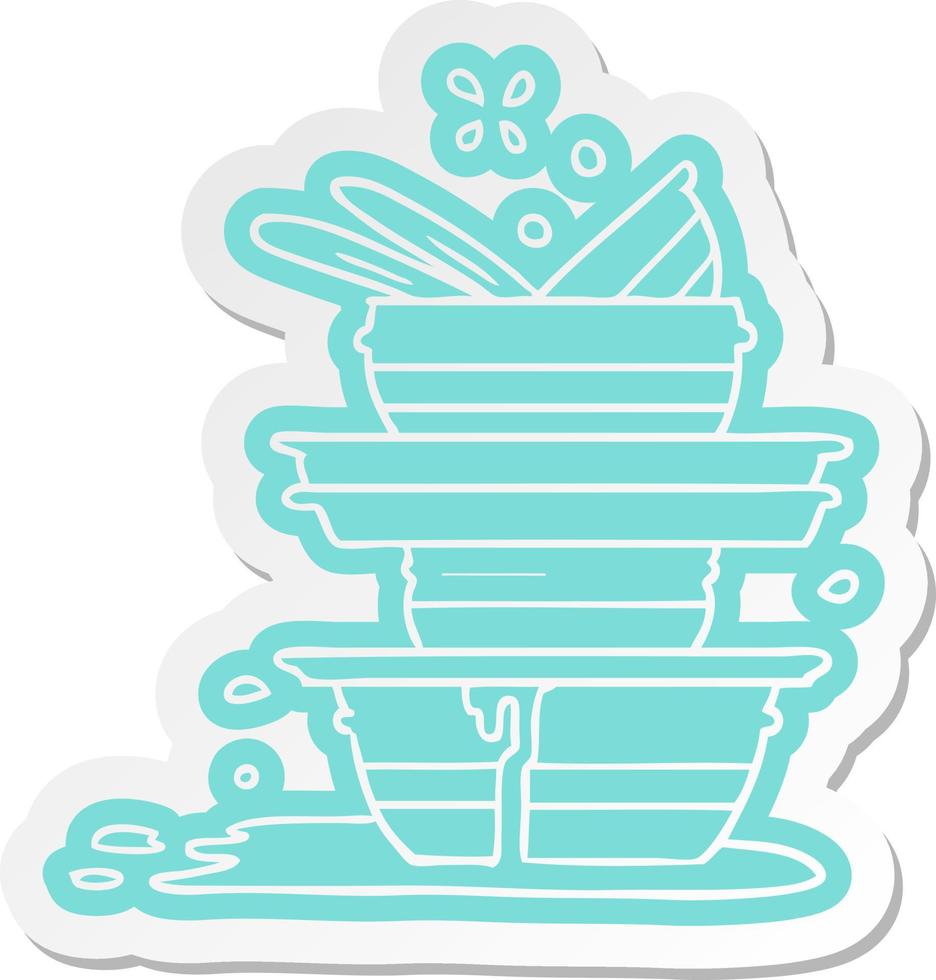 cartoon sticker of a stack of dirty plates vector
