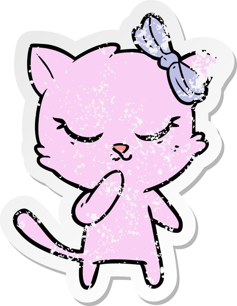 distressed sticker of a cute cartoon cat with bow vector