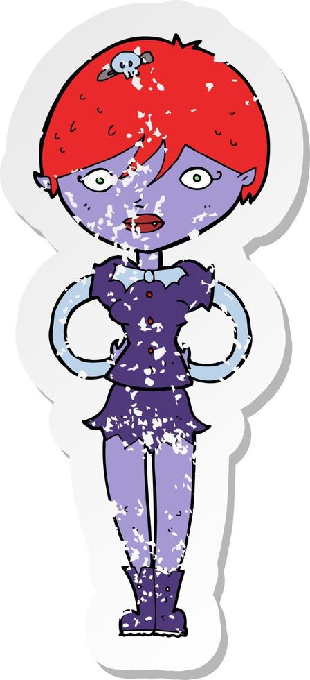 retro distressed sticker of a cartoon pretty vampire girl vector