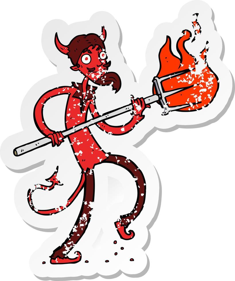 retro distressed sticker of a cartoon devil with pitchfork vector