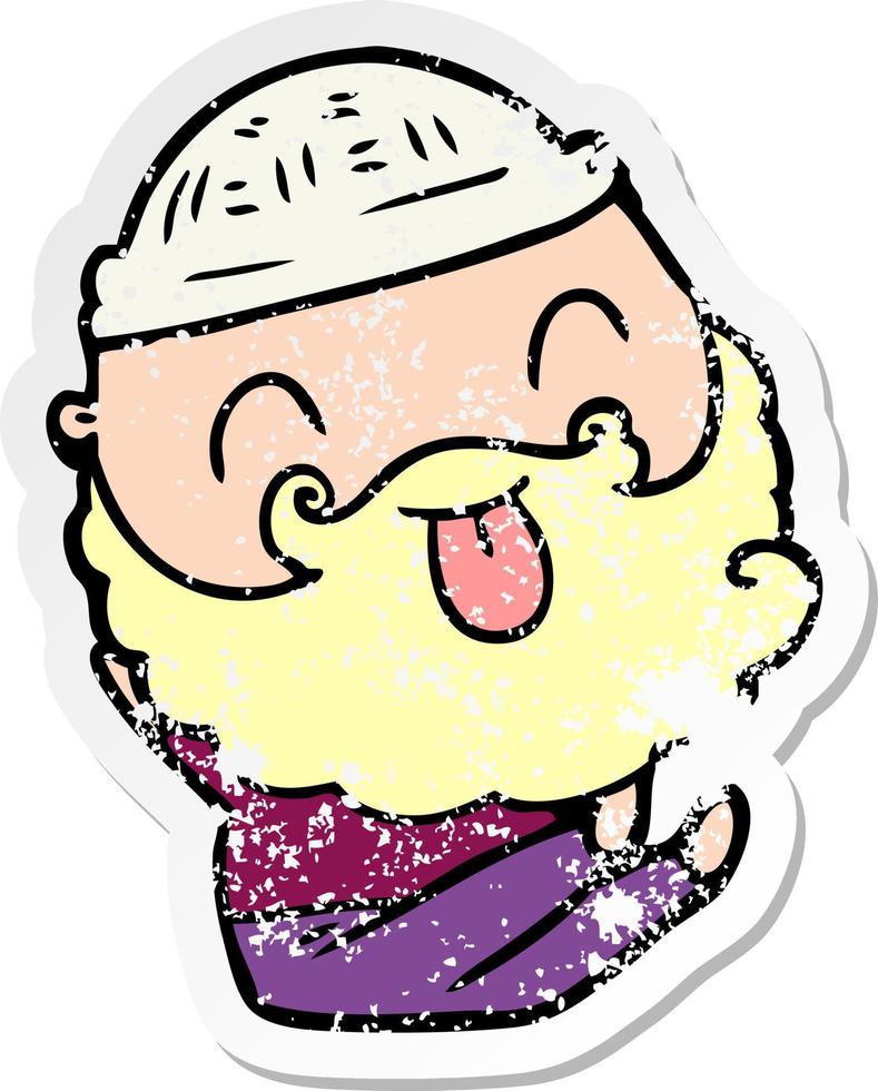distressed sticker of a sitting man with beard sticking out tongue vector