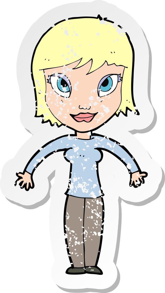 retro distressed sticker of a cartoon woman shrugging shoulders vector