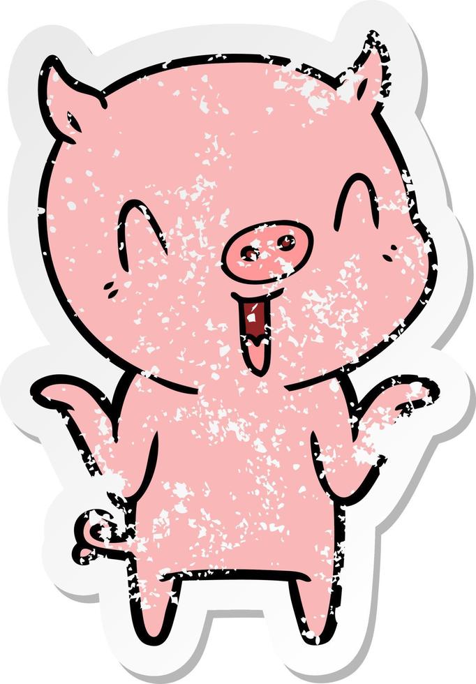 distressed sticker of a happy cartoon pig vector
