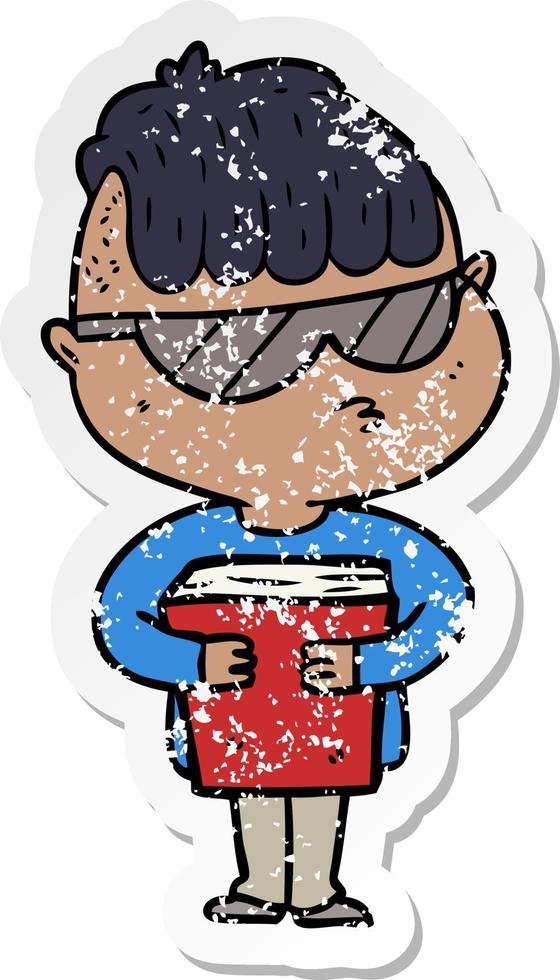 distressed sticker of a cartoon boy wearing sunglasses vector