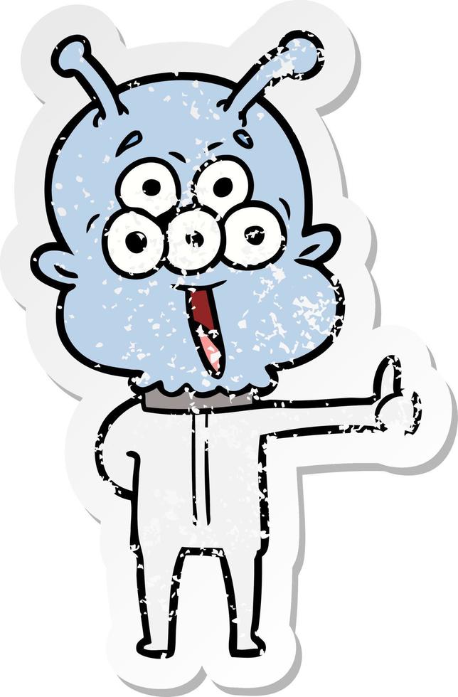 distressed sticker of a happy cartoon alien vector