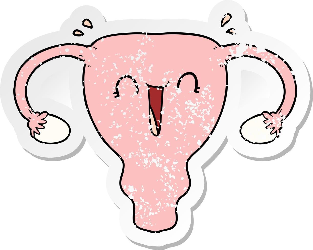 distressed sticker of a cartoon happy uterus vector