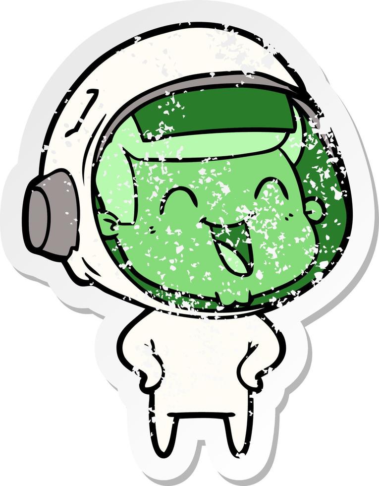 distressed sticker of a happy cartoon astronaut vector