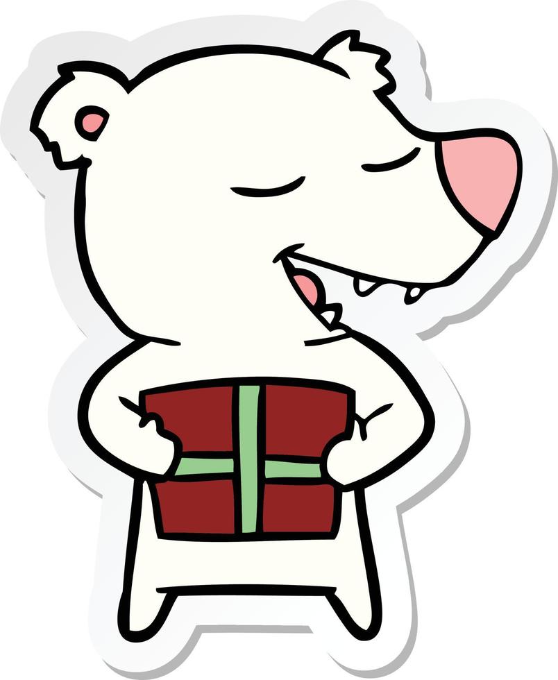 sticker of a cartoon polar bear with present vector