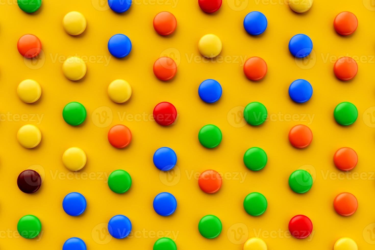 Colorful candy pattern on a yellow background viewed from above. Sweet bonbons isolated on a yellow background. Top view 3d illustration photo