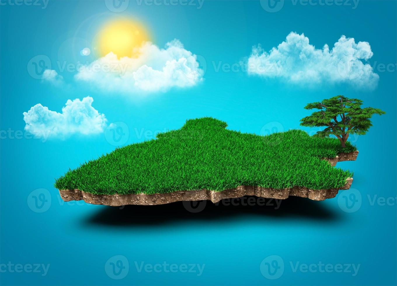 Burundi Map, Realistic 3D Map of Clouds Tree sun rays on bright blue Sky 3d illustration photo