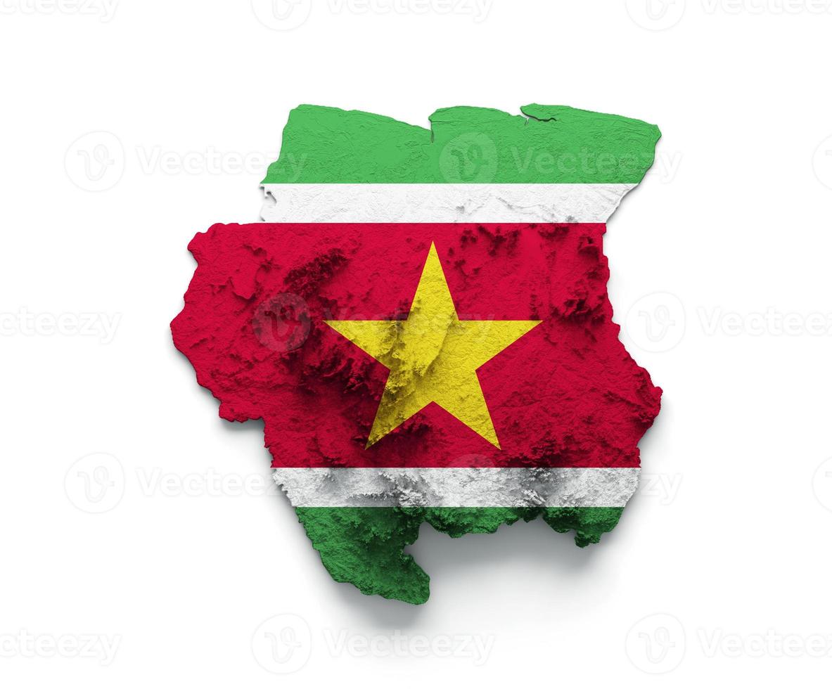 Suriname Map Flag Shaded relief Color Height map on white Background 3d illustration photo