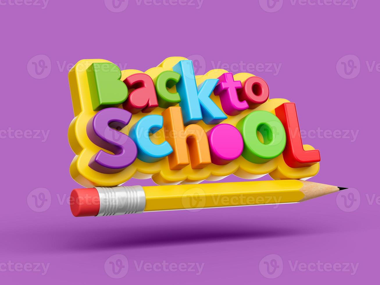 Back to school colorful 3d letters on purple background with flying pencil 3d illustration photo
