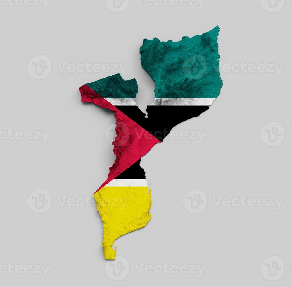 Mozambique Map Flag Shaded relief Color Height map on white Background 3d illustration photo