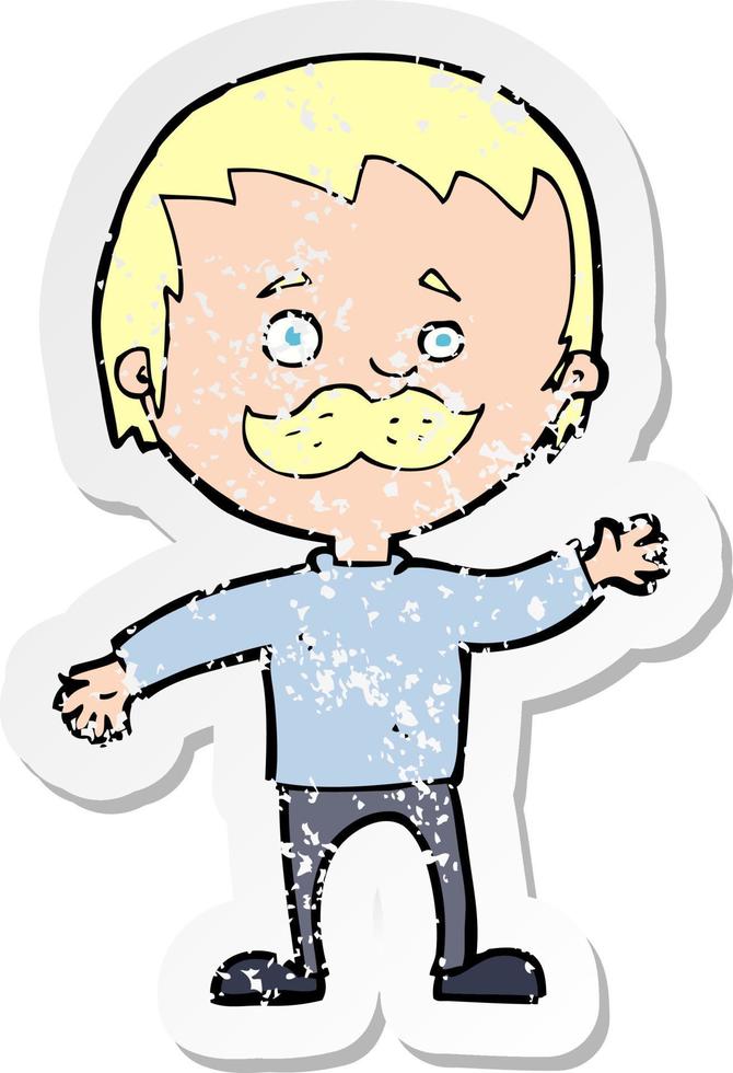 retro distressed sticker of a cartoon man with mustache waving vector