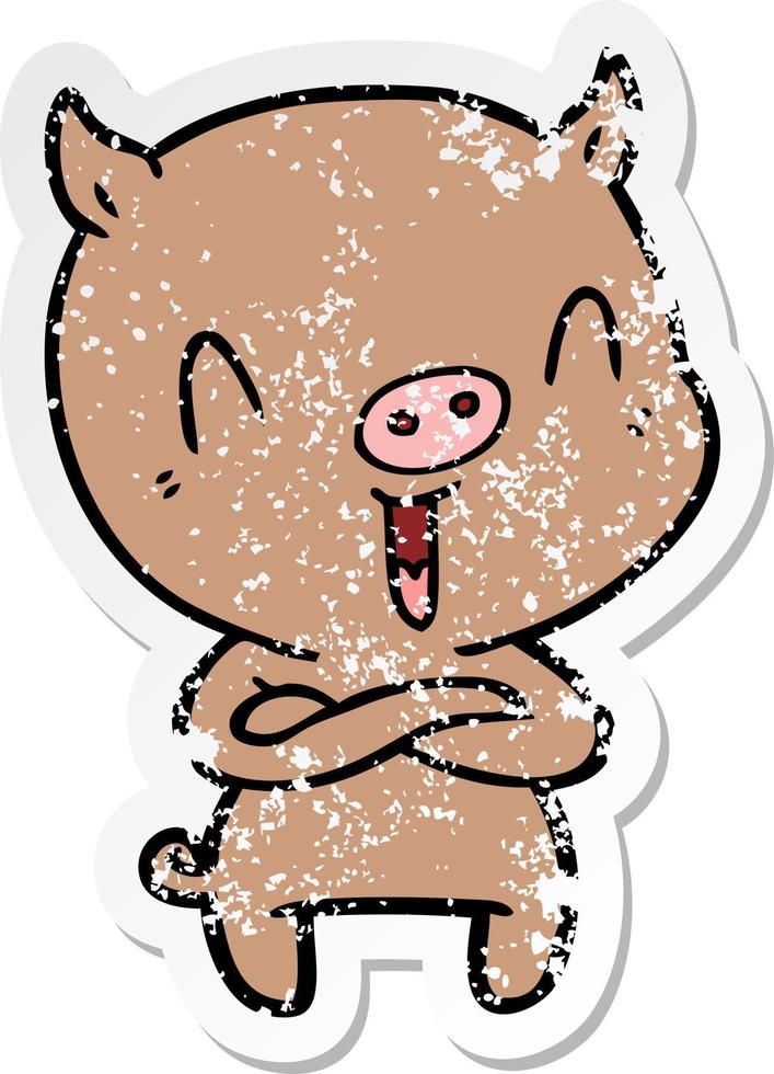 distressed sticker of a happy cartoon pig vector