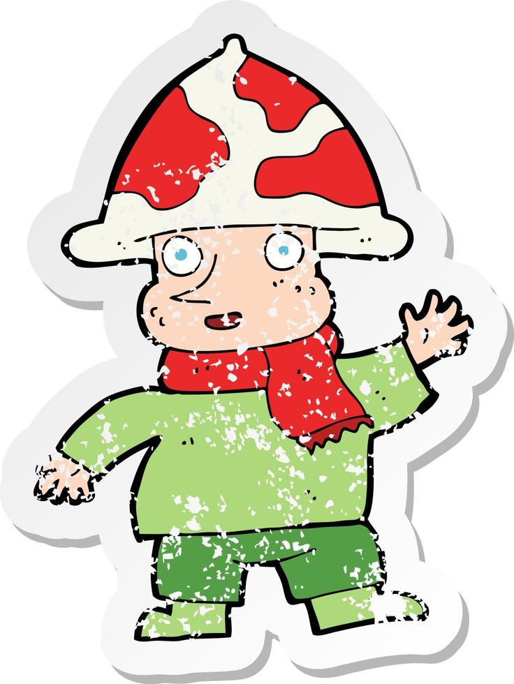 retro distressed sticker of a cartoon mushroom man vector
