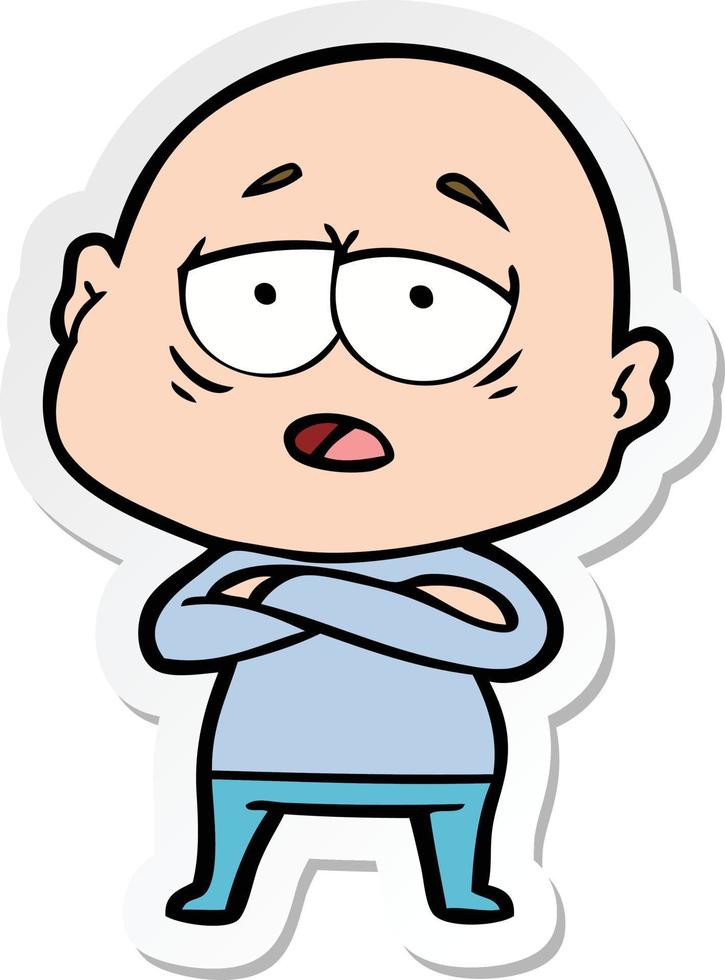 sticker of a cartoon tired bald man vector