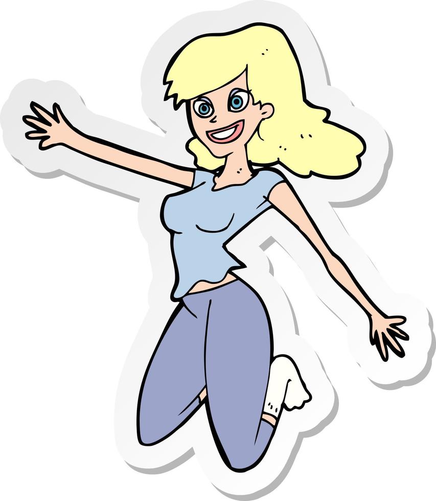 sticker of a cartoon jumping woman vector