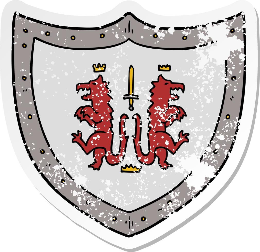 distressed sticker of a cartoon heraldic shield vector