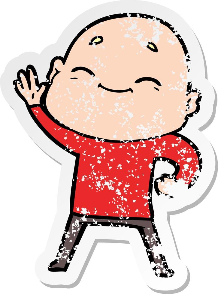distressed sticker of a happy cartoon bald man vector