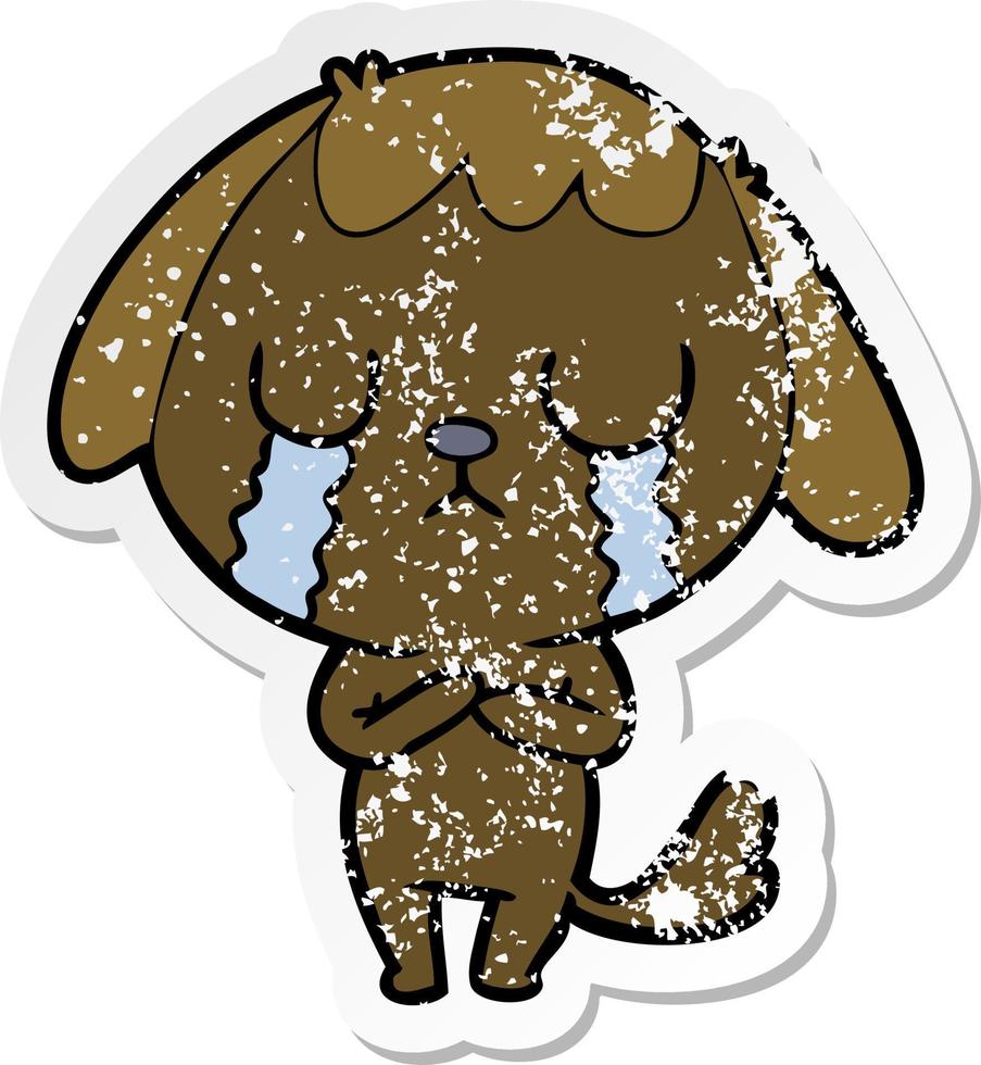 distressed sticker of a cute cartoon dog crying vector