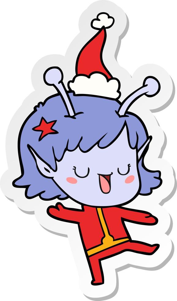 happy alien girl sticker cartoon of a wearing santa hat vector
