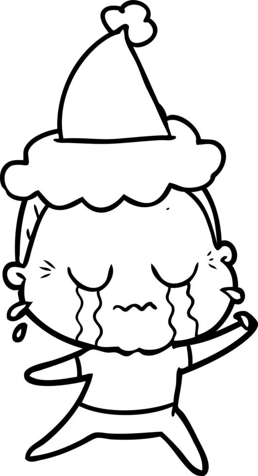 line drawing of a crying old lady wearing santa hat vector