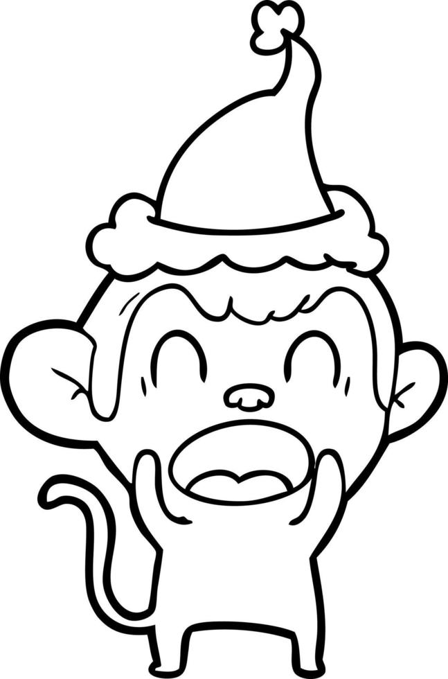 shouting line drawing of a monkey wearing santa hat vector