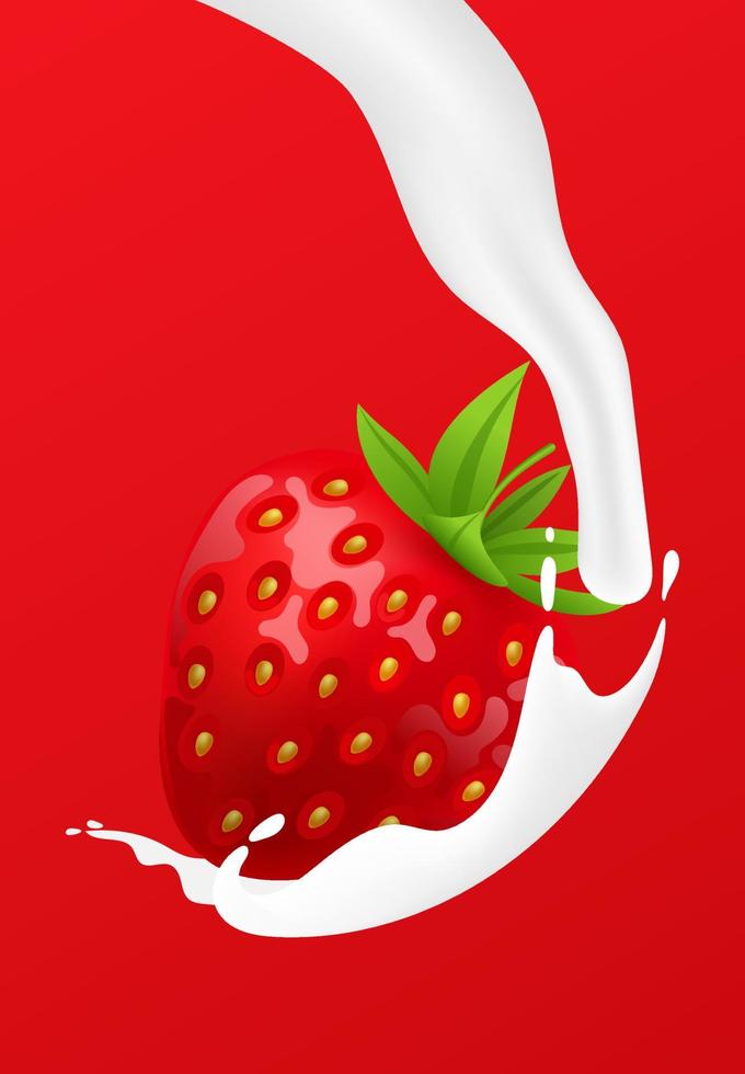 Whole strawberry. Fresh red ripe soft berry with milk liquid splash and pour, flowing yogurt or cream splatter drops. Realistic 3D vector illustration. Healthy food, sweet fruit. On red background