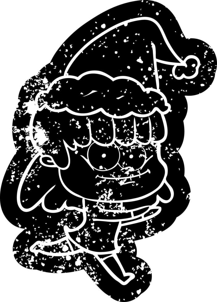 cartoon distressed icon of a smiling woman wearing santa hat vector