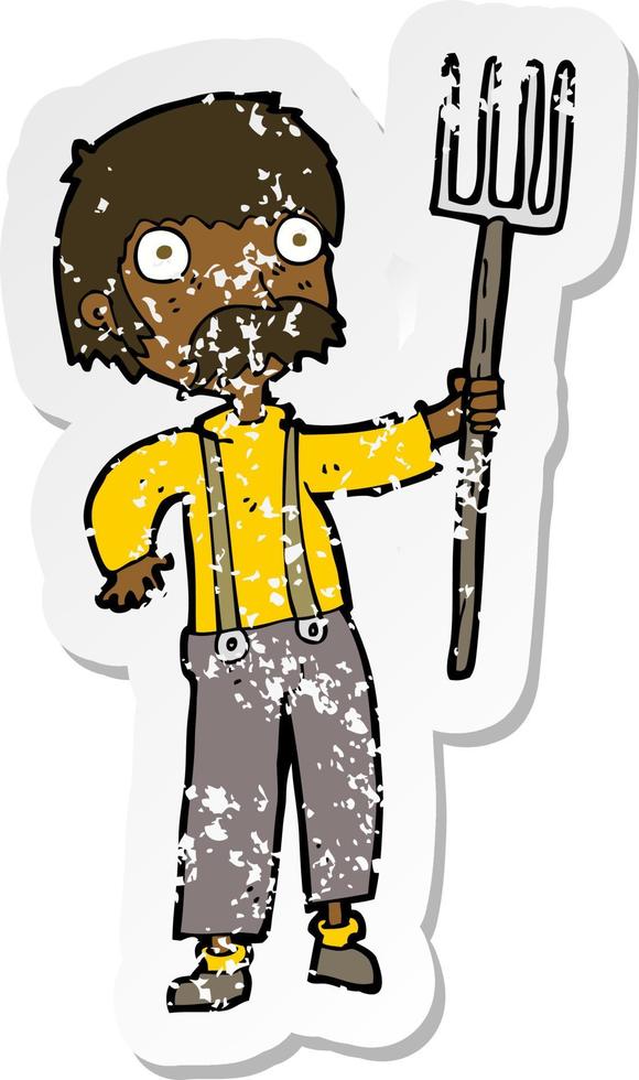 retro distressed sticker of a cartoon farmer with pitchfork vector
