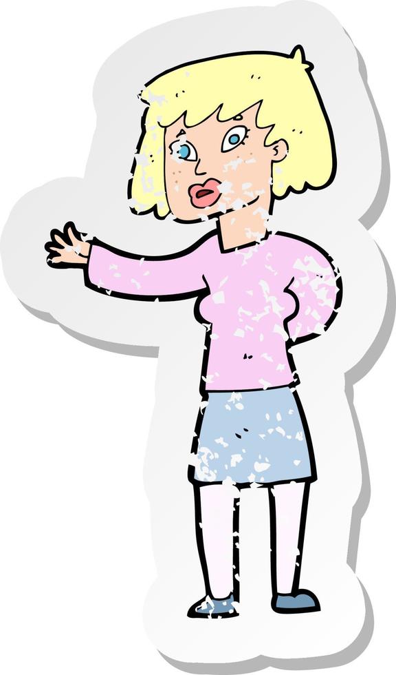 retro distressed sticker of a cartoon woman explaining vector