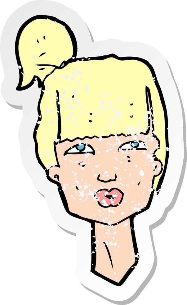 retro distressed sticker of a cartoon female head vector
