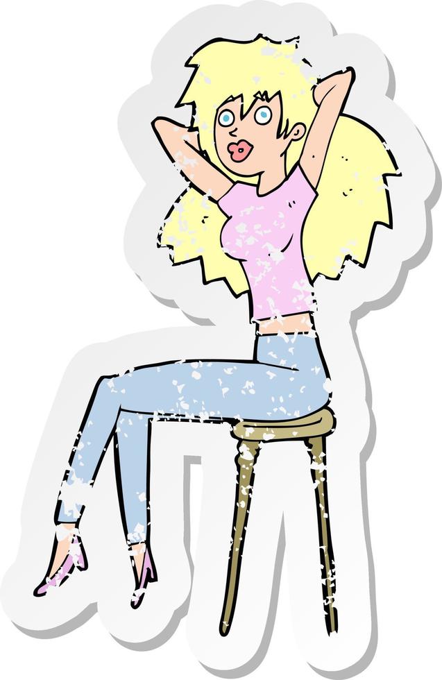 retro distressed sticker of a cartoon woman posing on stool vector