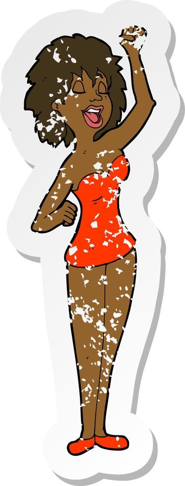 retro distressed sticker of a cartoon dancing woman vector